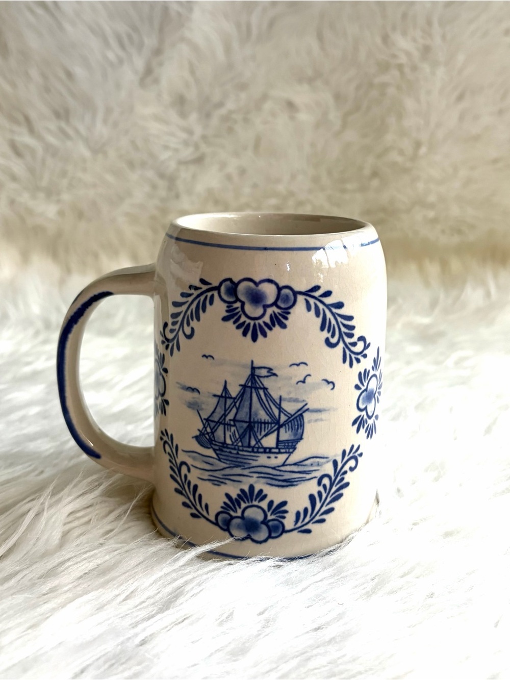Vintage Hand-Painted Delft Blue Ceramic Beer Stein / Tankard Mug Windmill